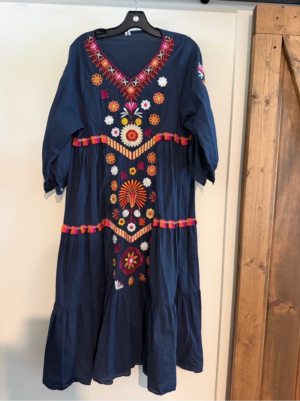 Navy Midi Dress with Multicolor Floral Embroidery